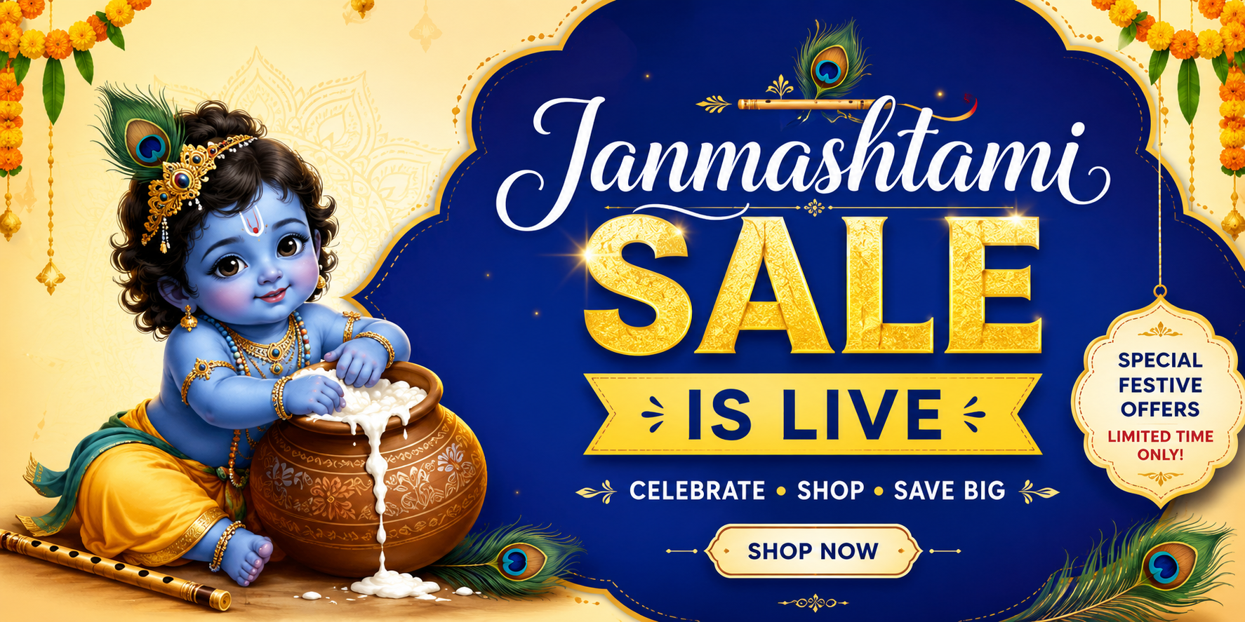 Janmashtami sale advertisement with a Gopal ji  and decorative elements.