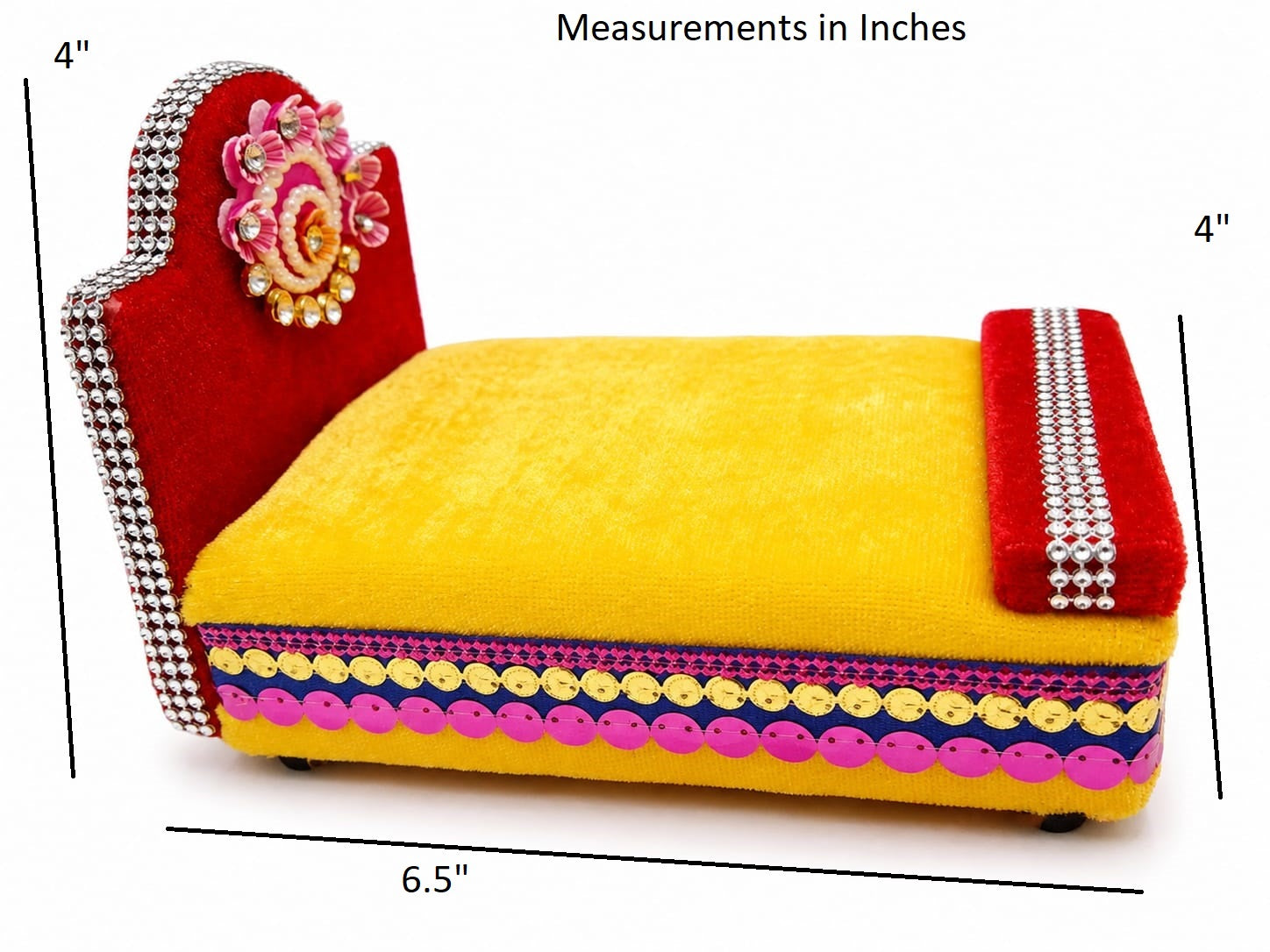 A small decorative bed or cushion set shown with measurement lines and labels indicating dimensions in inches on a white background.