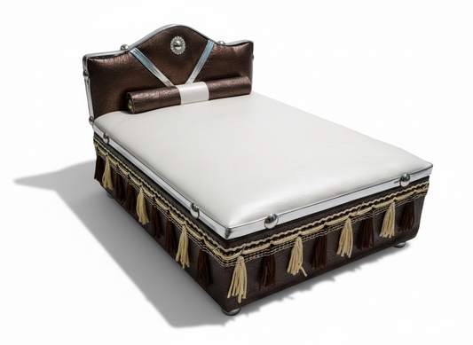 Decorative bed with white mattress and brown leather frame on a white background