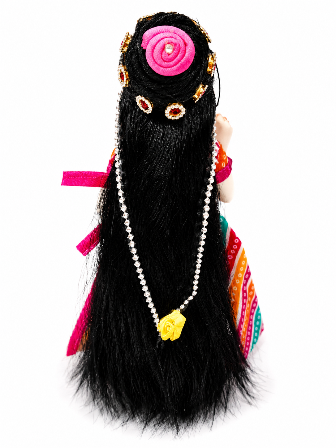 Hair Wig for Radha Rani & Durga Maa Idol Sringar | Size 5 Number | Suitable for Up to 9 Inch Idol | Decorative Black Hair Wig with Bun & Stone Chain | Pack of 1