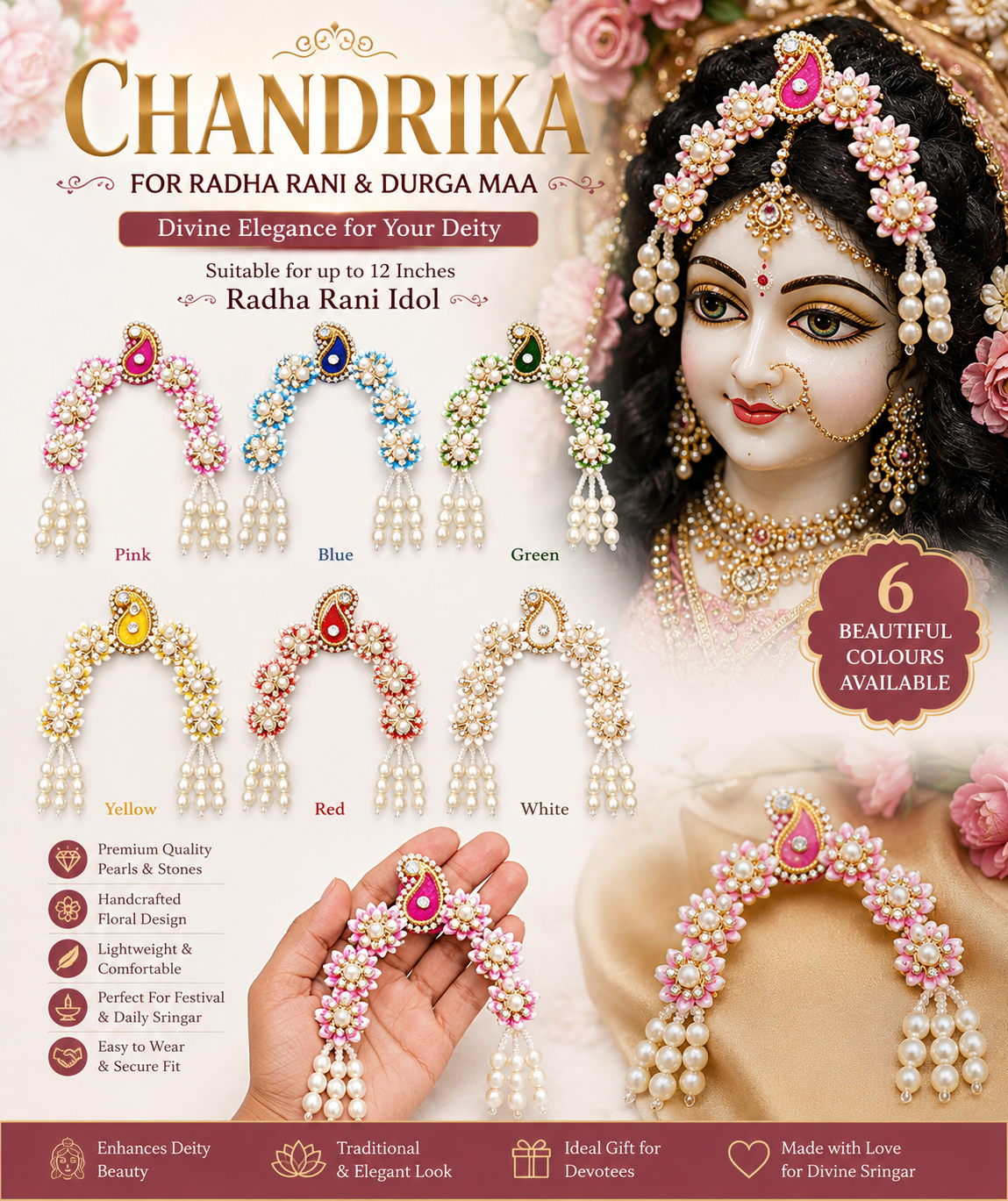 Chandrika for Radha Rani & Durga Maa Idol Shringar | Decorative Floral Pearl Hair Ornament | Suitable for up to 12 Inch Idol | Available in 6 Colours | Handmade Temple Jewellery (Pack of 1)