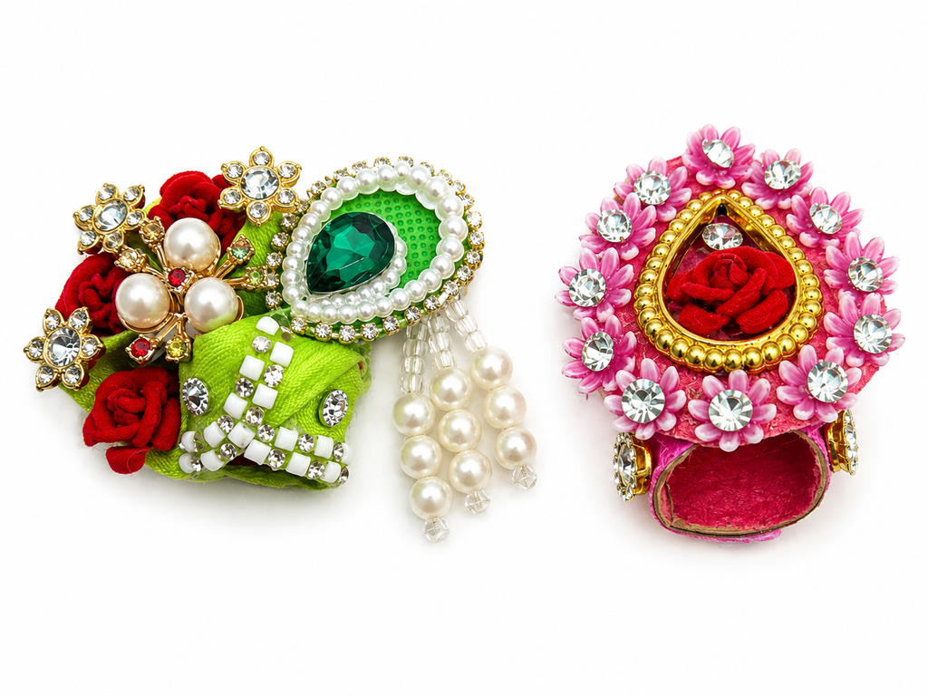 pack of 2 premium fancy pagdi for size 0 laddu gopal ji designer mukut pagdi set with pearl stone work handmade kanha ji shringar accessories 2