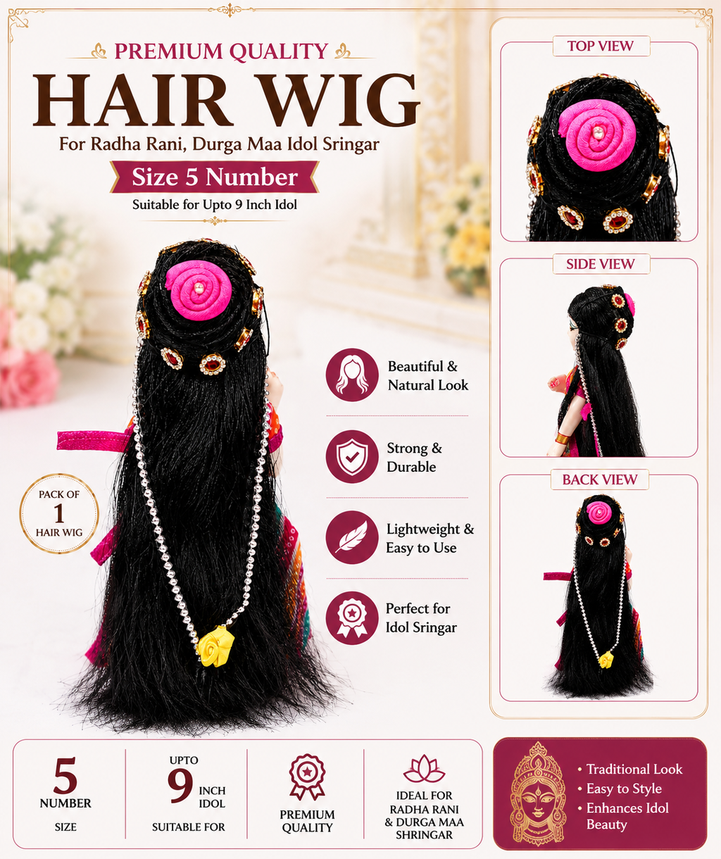 Hair Wig for Radha Rani & Durga Maa Idol Sringar | Size 5 Number | Suitable for Up to 9 Inch Idol | Decorative Black Hair Wig with Bun & Stone Chain | Pack of 1