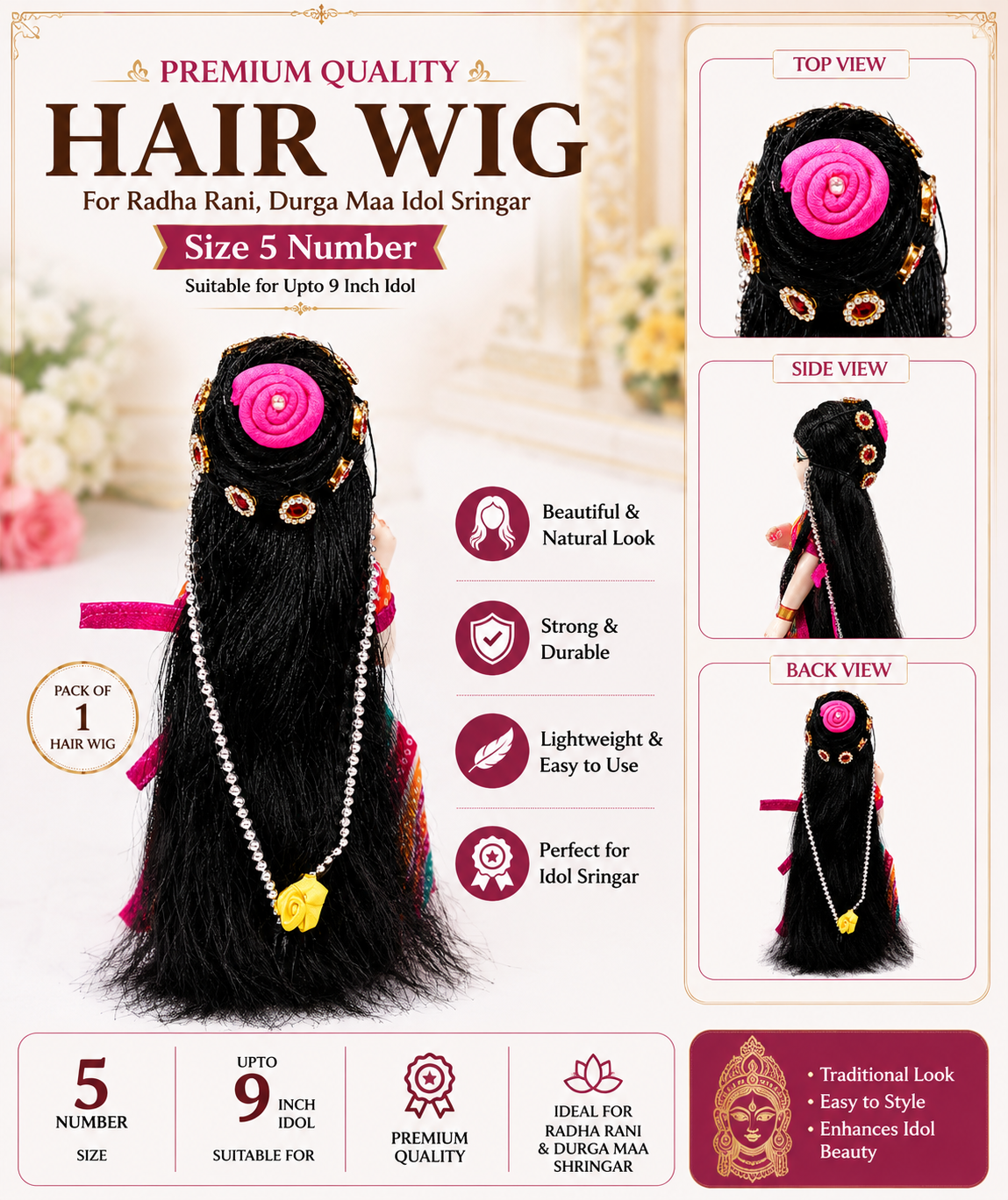 Hair Wig for Radha Rani & Durga Maa Idol Sringar | Size 5 Number | Suitable for Up to 9 Inch Idol | Decorative Black Hair Wig with Bun & Stone Chain | Pack of 1