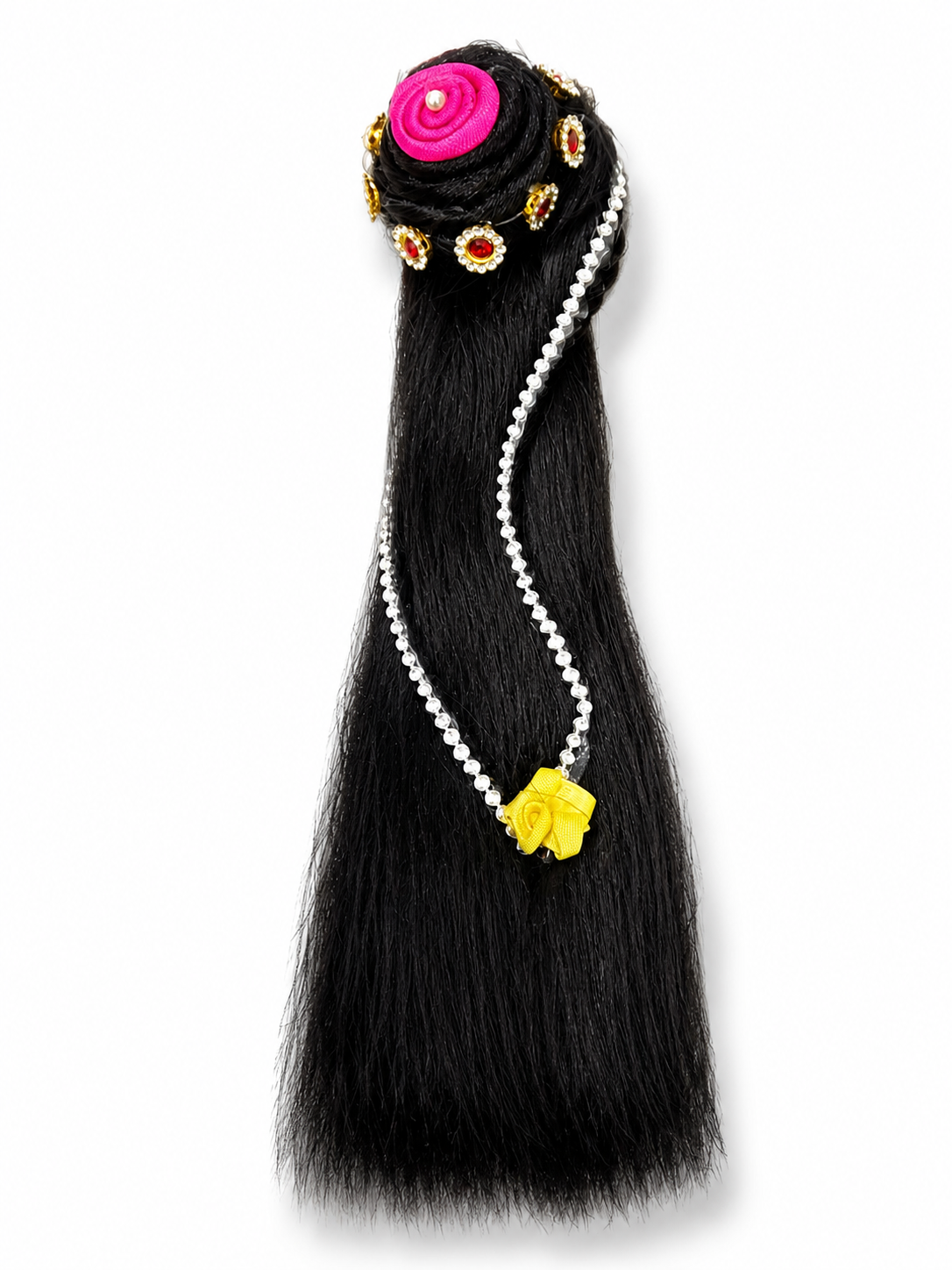 Hair Wig for Radha Rani & Durga Maa Idol Sringar | Size 5 Number | Suitable for Up to 9 Inch Idol | Decorative Black Hair Wig with Bun & Stone Chain | Pack of 1