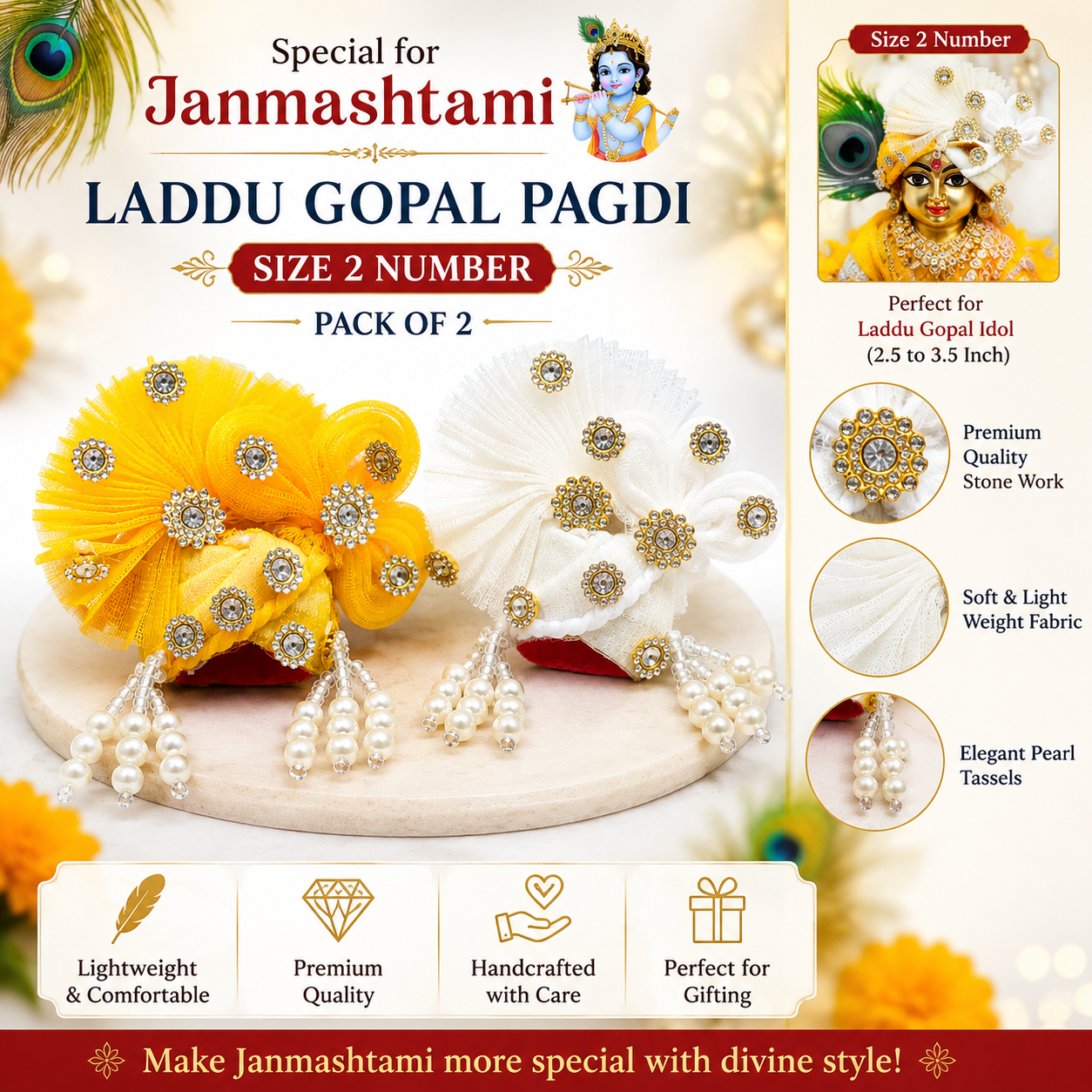 Pack of 2 Laddu Gopal Pagdi Size 2 Number | Janmashtami Special Designer Mukut Safa | Premium Stone & Pearl Work Pagdi for Bal Gopal, Kanha Ji, Krishna Idol Shringar | Suitable for 2 Number Laddu Gopal