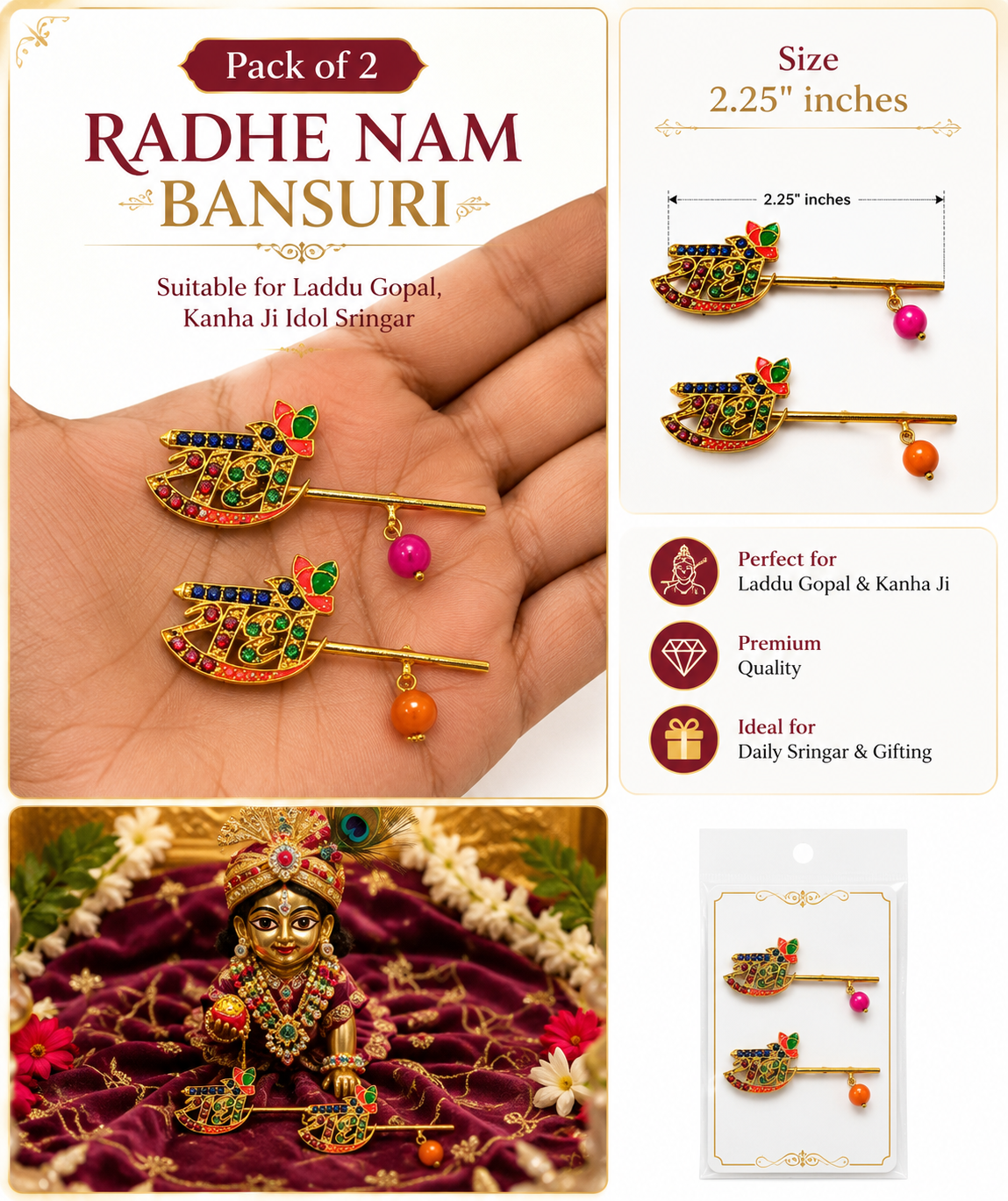 Pack of 2 Radhe Naam Bansuri for Laddu Gopal | Decorative Idol Shringar Bansuri | 2.25 Inch Mini Flute for Kanha Ji & Bal Gopal